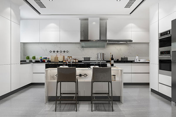 Sleek Modern Kitchen with White Cabinets and Black Appliances
